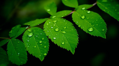 Green leaves with drops of water after rain. Shallow depth of fieldの素材