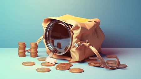 3d rendering of a bag with coins and a camera on a blue backgroundの素材