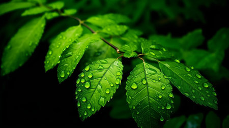 Green leaves with water drops on a dark background. Natural background.の素材