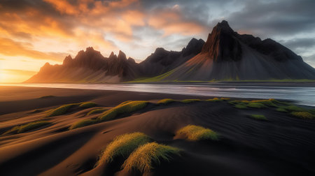 Fantasy landscape of black sand dunes in Iceland. 3D renderingの素材