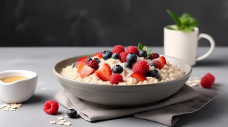 Oatmeal with berries and honey in a bowl on a gray backgroundの素材