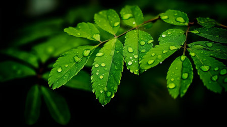 Green leaves with drops of water after the rain on a dark backgroundの素材
