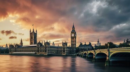 Westminster Bridge and Houses of Parliament at sunset, London, UKの素材