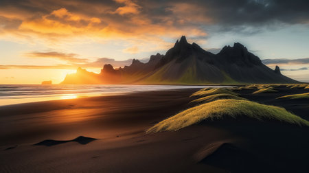 Fantastic sunset on the black sand beach. Dramatic sky. Iceland, Europe. Beauty world.の素材