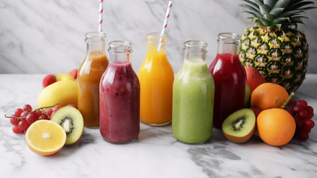 Fruit smoothies in bottlesle table, closeup viewの素材