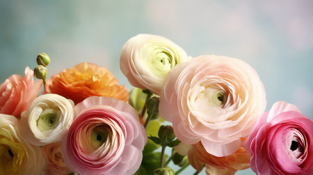 Beautiful ranunculus flowers on light background, closeup viewの素材
