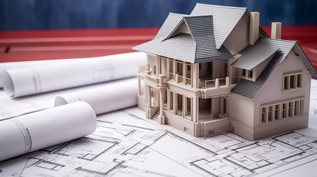 House model with blueprints on the background of the flag of Russiaの素材