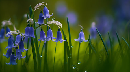 Bluebells in the grass with dew drops in the morningの素材