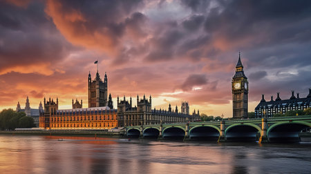 Houses of Parliament and Big Ben at sunset, London, UKの素材