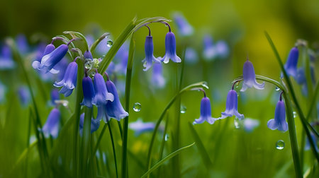 Bluebells in a meadow with dew drops close upの素材