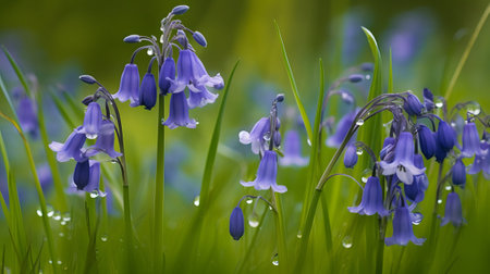 Bluebells in the meadow with dew drops after rainの素材