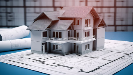 House model with construction plans on a blue background. 3d renderingの素材