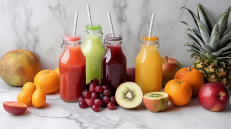 Bottles with fresh fruit juices on white marble background, closeupの素材