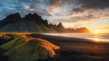 3D CG rendering of Sand dunes and mountains in the seaの素材