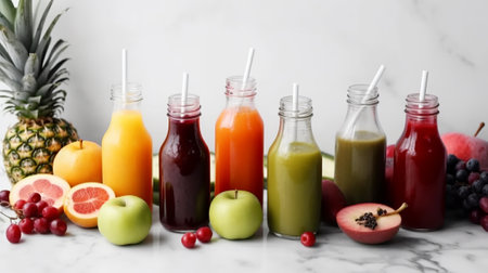 Fresh fruit juices in bottles with straws on white marble table.の素材