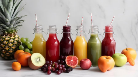 Bottles with fresh juice and different fruits on white marble table, closeupの素材