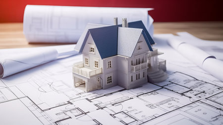 House model with blueprints on desk. Real estate and construction concept.の素材