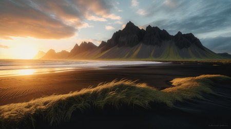 Fantasy alien planet. Mountain and lake. 3D illustration.の素材