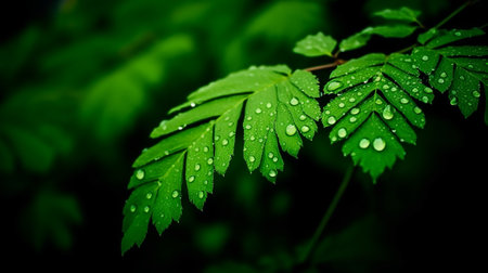 Green leaves with drops of water after the rain. Nature background.の素材