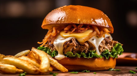 Cheese burger - American cheese burger with Golden French fries on wooden backgroundの素材