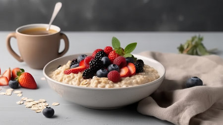 Tasty oatmeal with berries and cup of coffee on table, closeupの素材