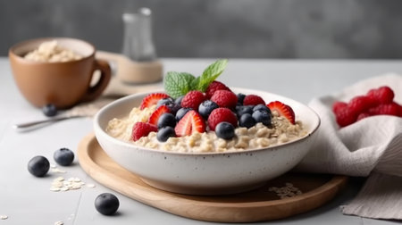 Oatmeal porridge with fresh berries in a bowl on a light backgroundの素材