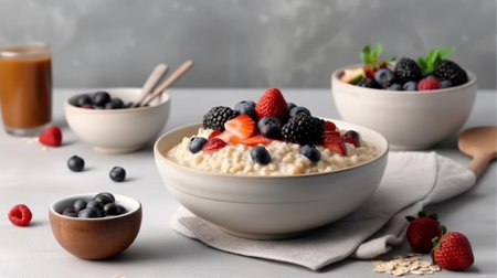 Oatmeal porridge with berries in a bowl on a gray backgroundの素材