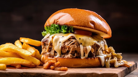 Cheese burger - American cheese burger with Golden French fries on wooden backgroundの素材