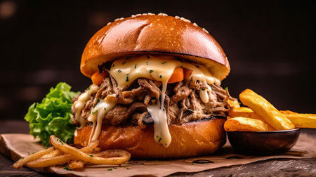 Beef burger with french fries on rustic wooden table. Close upの素材