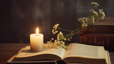 Burning candle with book and dry flowers on wooden table in dark roomの素材