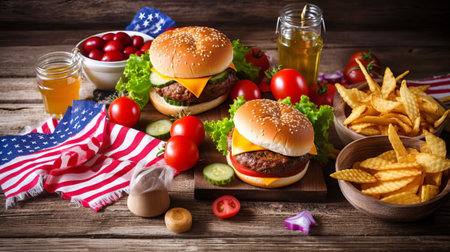 Cheese burger - American cheese burger with fresh vegetables on wooden backgroundの素材