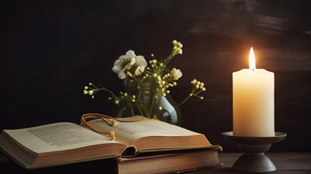 Burning candle, books and vase with flowers on dark backgroundの素材