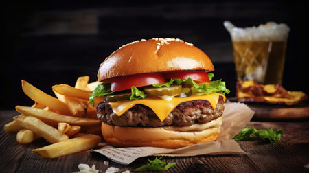 Cheese burger - American cheese burger with Golden French fries and beerの素材