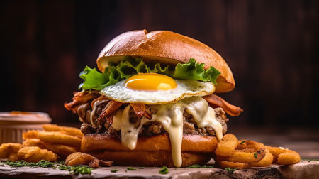 Burger with fried egg, french fries and onion rings on wooden backgroundの素材