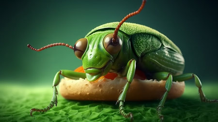 Green grasshopper on a sandwich. 3d render illustration.の素材