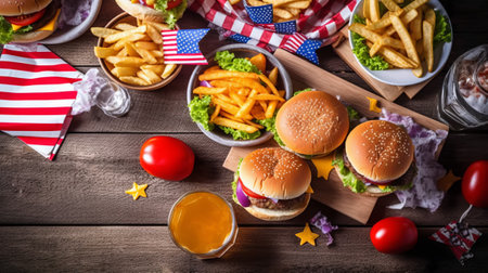 Hamburgers with American flag and french fries on wooden backgroundの素材