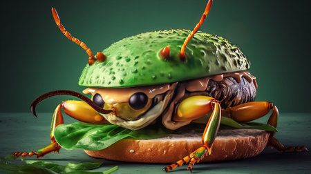 3d illustration of a hamburger with a bug on a green backgroundの素材