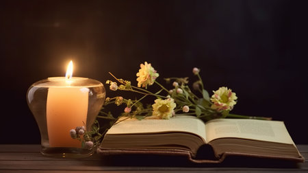 Burning candle in the shape of a heart with a book and flowers on a dark backgroundの素材
