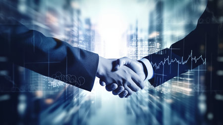 Close up of business handshake on abstract city background with double exposure of graphs. Teamwork and partnership concept.の素材