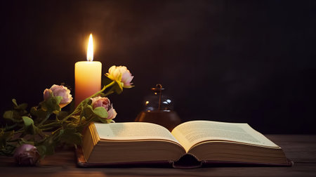 Bouquet of roses, burning candle and old book on dark backgroundの素材