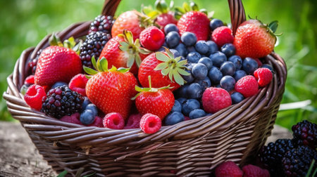 Berries in a basket on a wooden background. Berries in a basketの素材