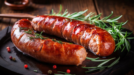 Grilled sausages with rosemary and pepper on wooden backgroundの素材