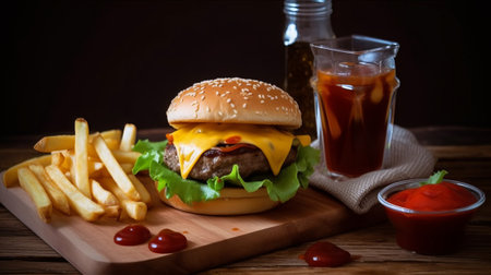 Cheese burger - American cheese burger with Golden French fries and ketchupの素材