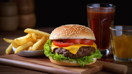Cheese burger - American cheese burger with Golden French fries on wooden boardの素材