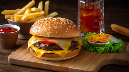 Cheese burger - American cheese burger with Golden French fries and ketchupの素材