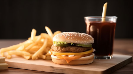 Hamburger with french fries and cola drink on wooden tableの素材