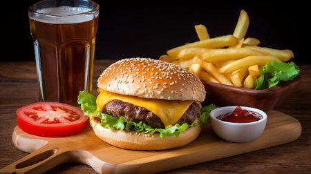 Cheese burger - American cheese burger with Golden French fries and a glass of beerの素材