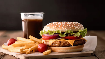 Hamburger with french fries and a glass of beer on wooden backgroundの素材