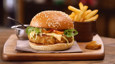 Cheese burger - American cheese burger with Golden French fries and fresh saladの素材