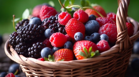 Berries in a wicker basket on a wooden background. Fresh berries in a wicker basket.の素材